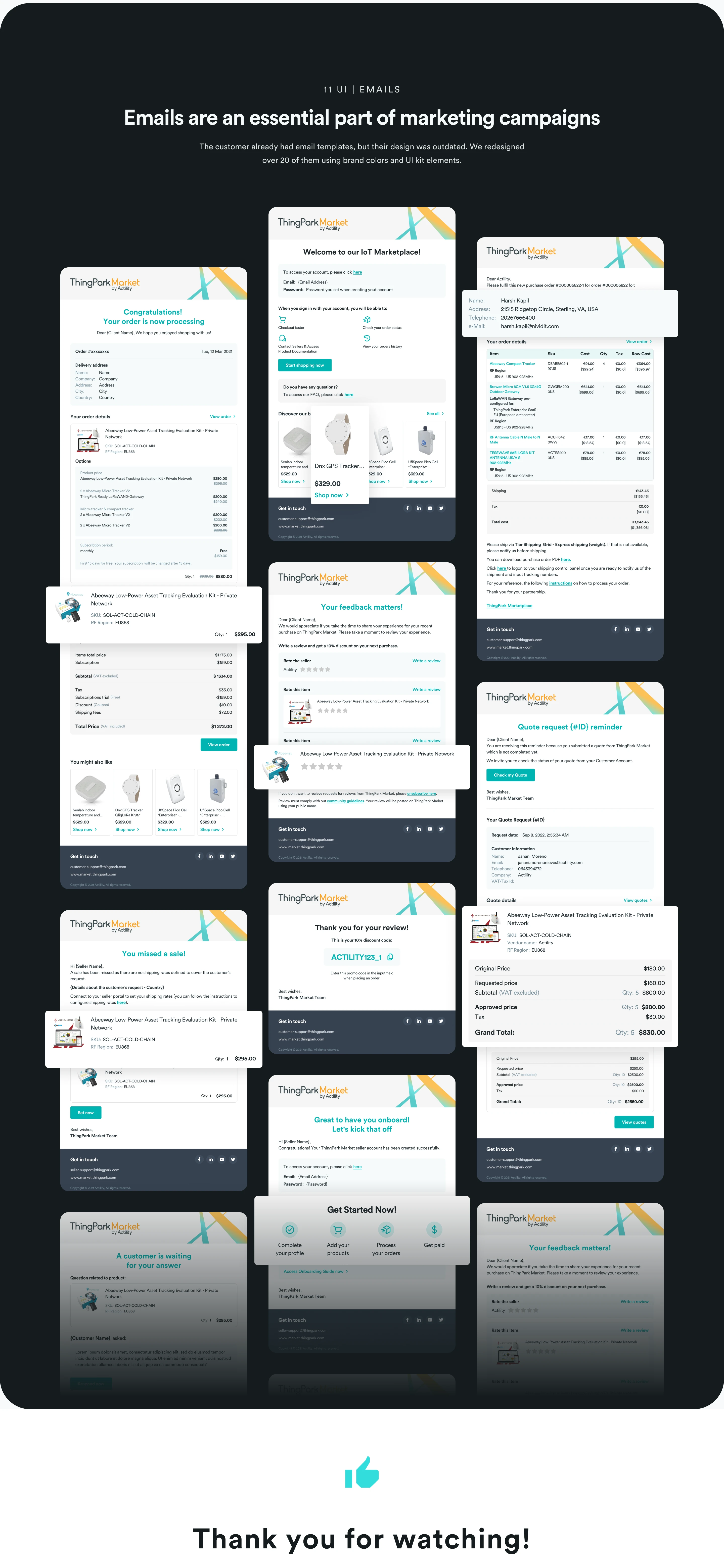 Complete historical ThingPark Market email design board with onboarding, order and quotation messages