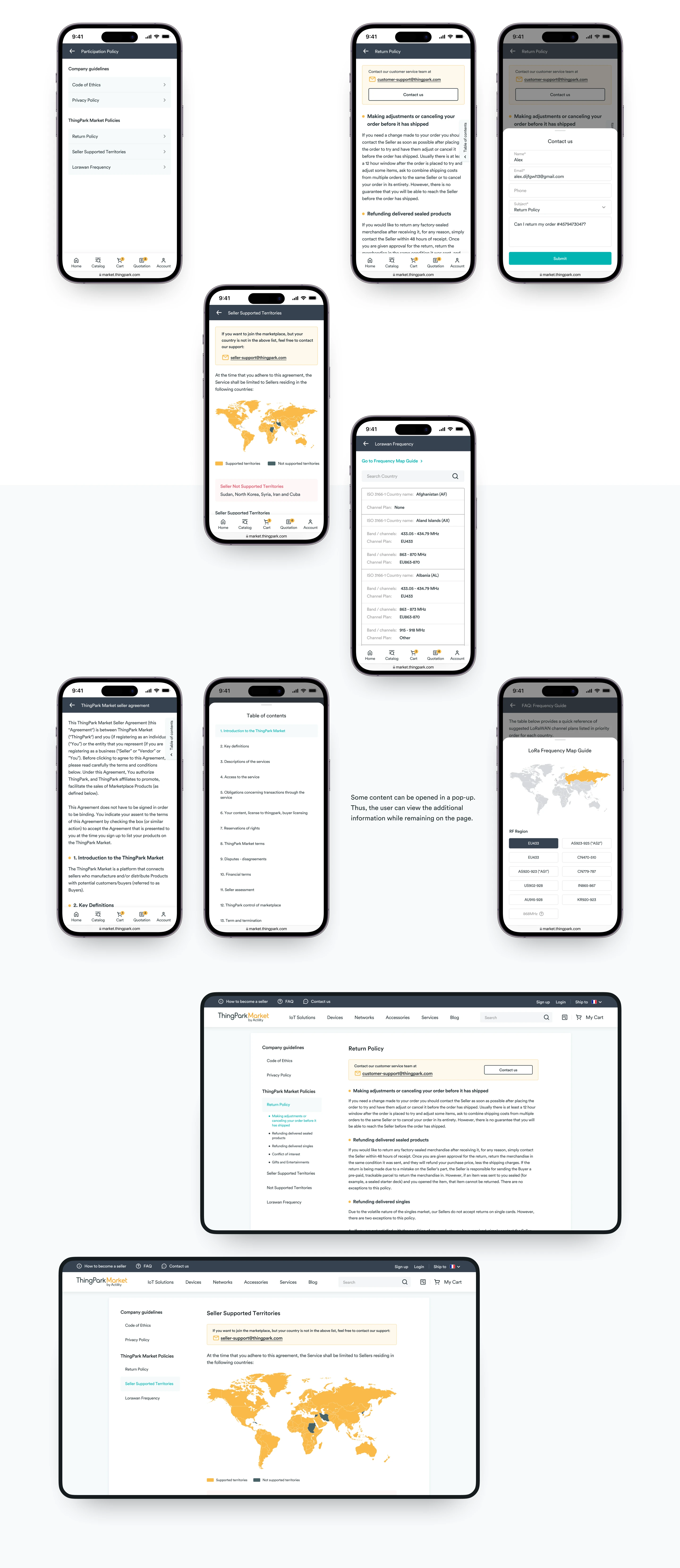 Complete historical ThingPark Market policy, help and contact interface presentation