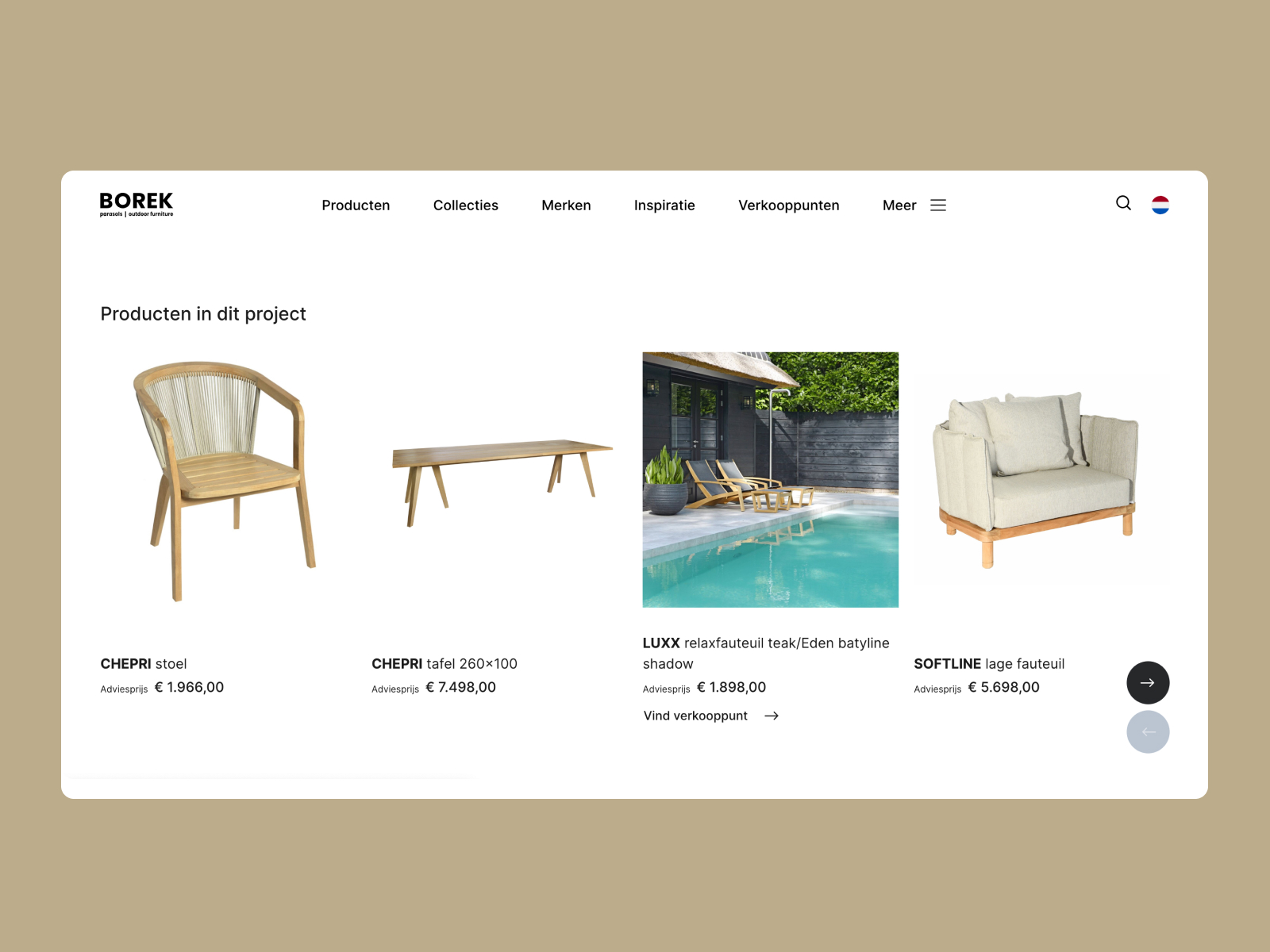 Complete original Borek product cards mixing furniture cutouts and a pool photograph with dealer discovery