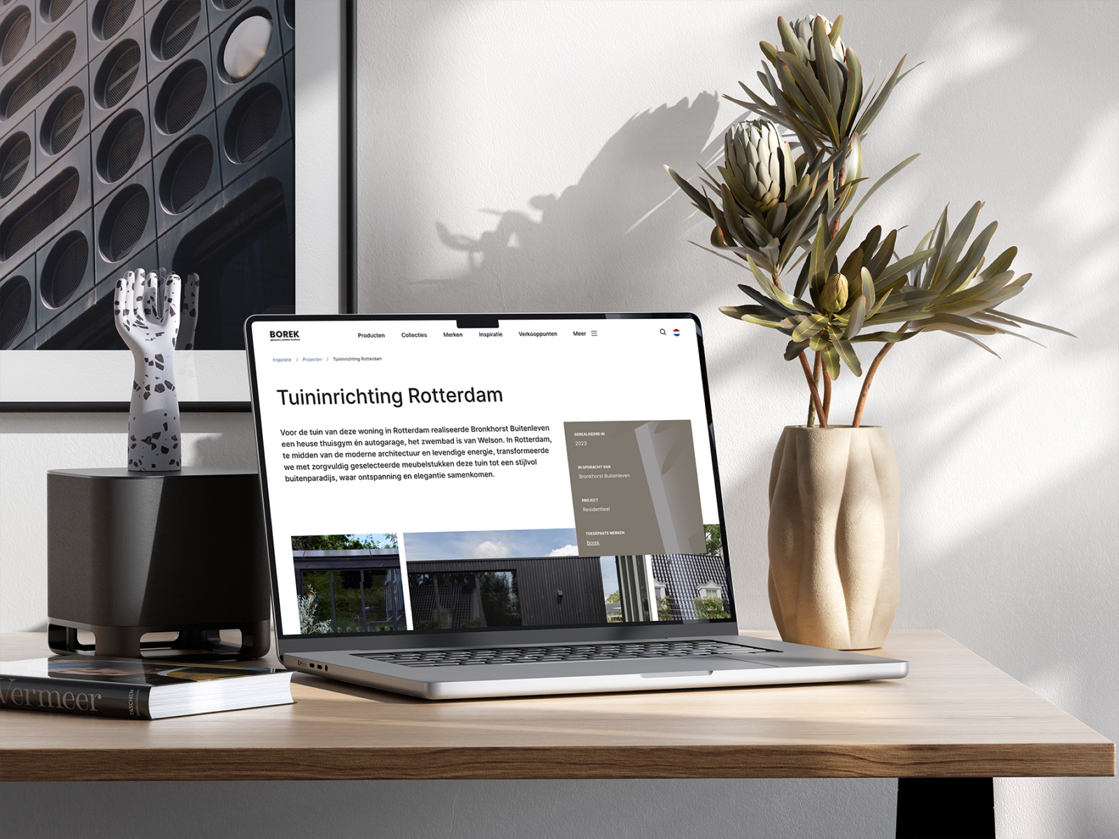 Complete original Borek laptop mockup showing a Rotterdam installation case and project information