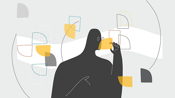 Neutral colour exploration with a dark searching figure and scattered coloured quarters