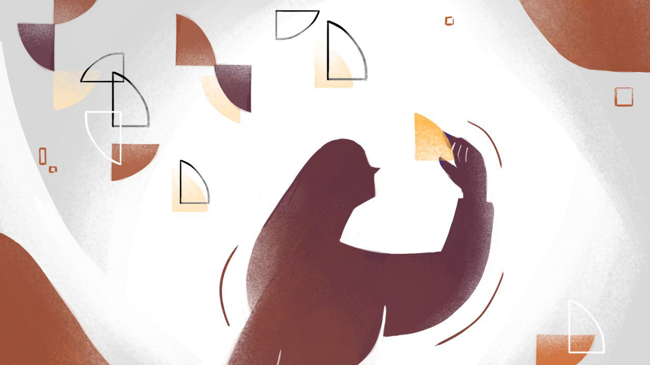 Textured maroon and warm orange character study holding a quarter circle