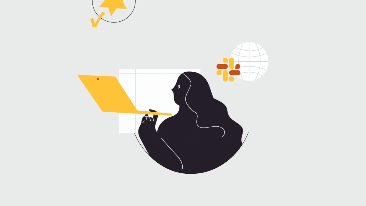 Original animation of a woman opening a yellow laptop beside a Join label followed by an illustrated speaker