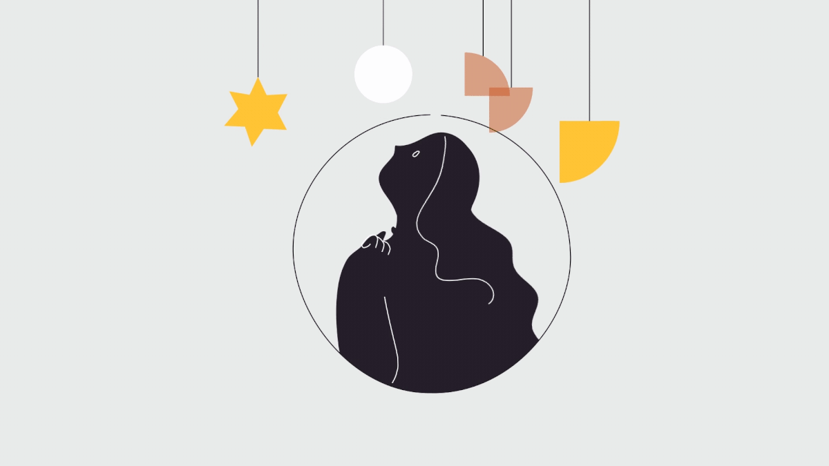 Original animation of a woman inside a circle reaching toward a hanging yellow star