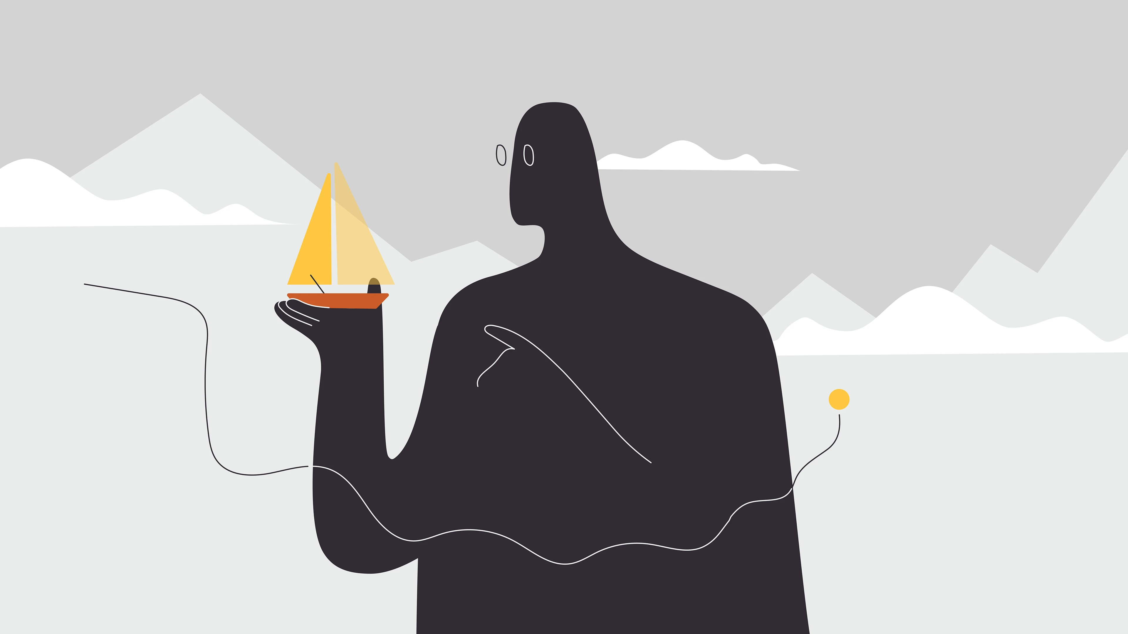 Dark illustrated person holding a small yellow and orange sailboat over pale waves and hills