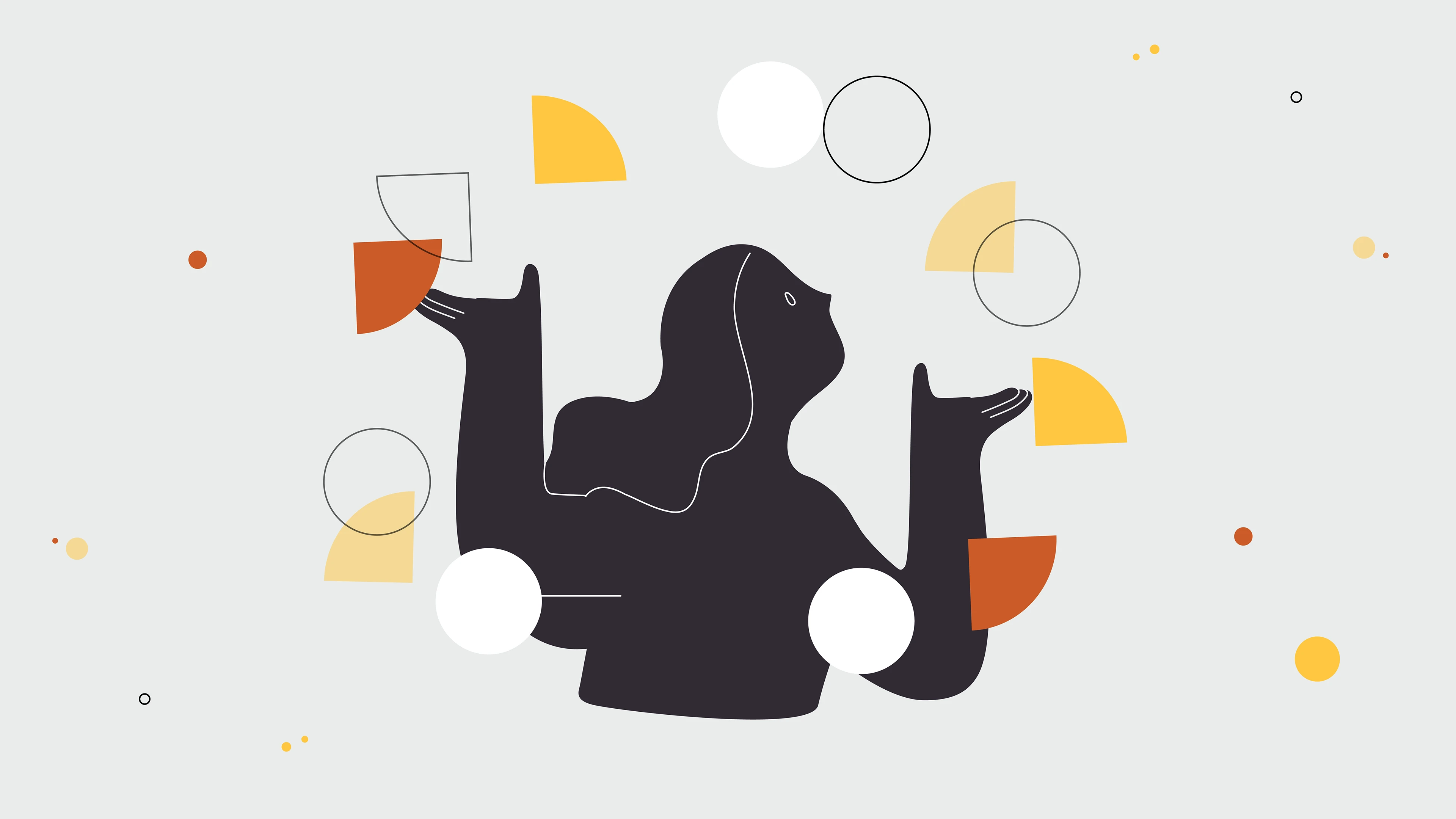 Female illustrated silhouette raising both hands toward orange and yellow quarters among small circles