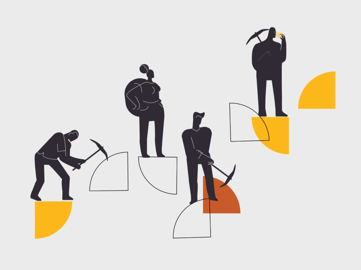 Original animated scene of four illustrated prospecting figures using different tools