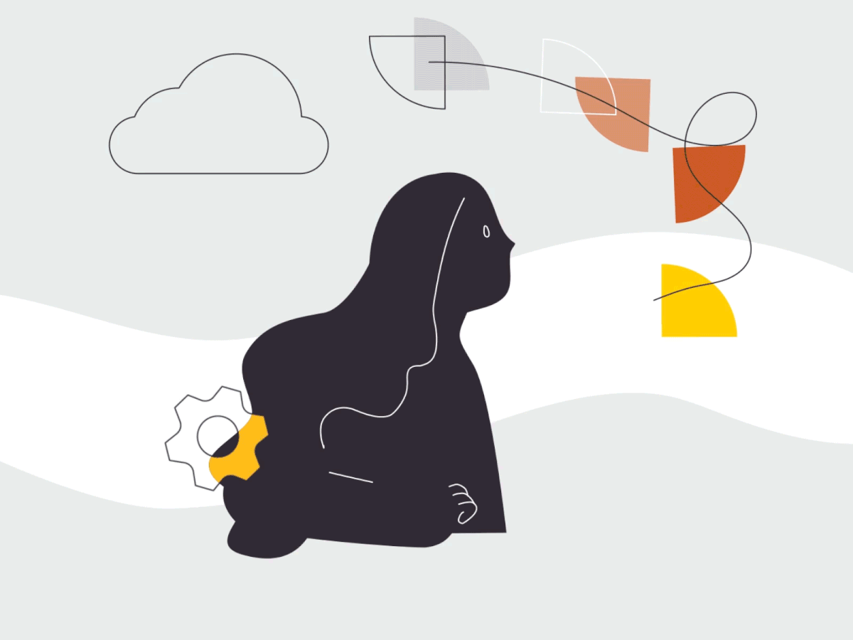 Original animation of a female silhouette reaching toward coloured quarters and changing into a thinking pose