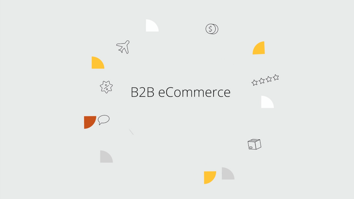 Original B2B ecommerce title animation surrounded by a parcel aircraft gear coin and small stars
