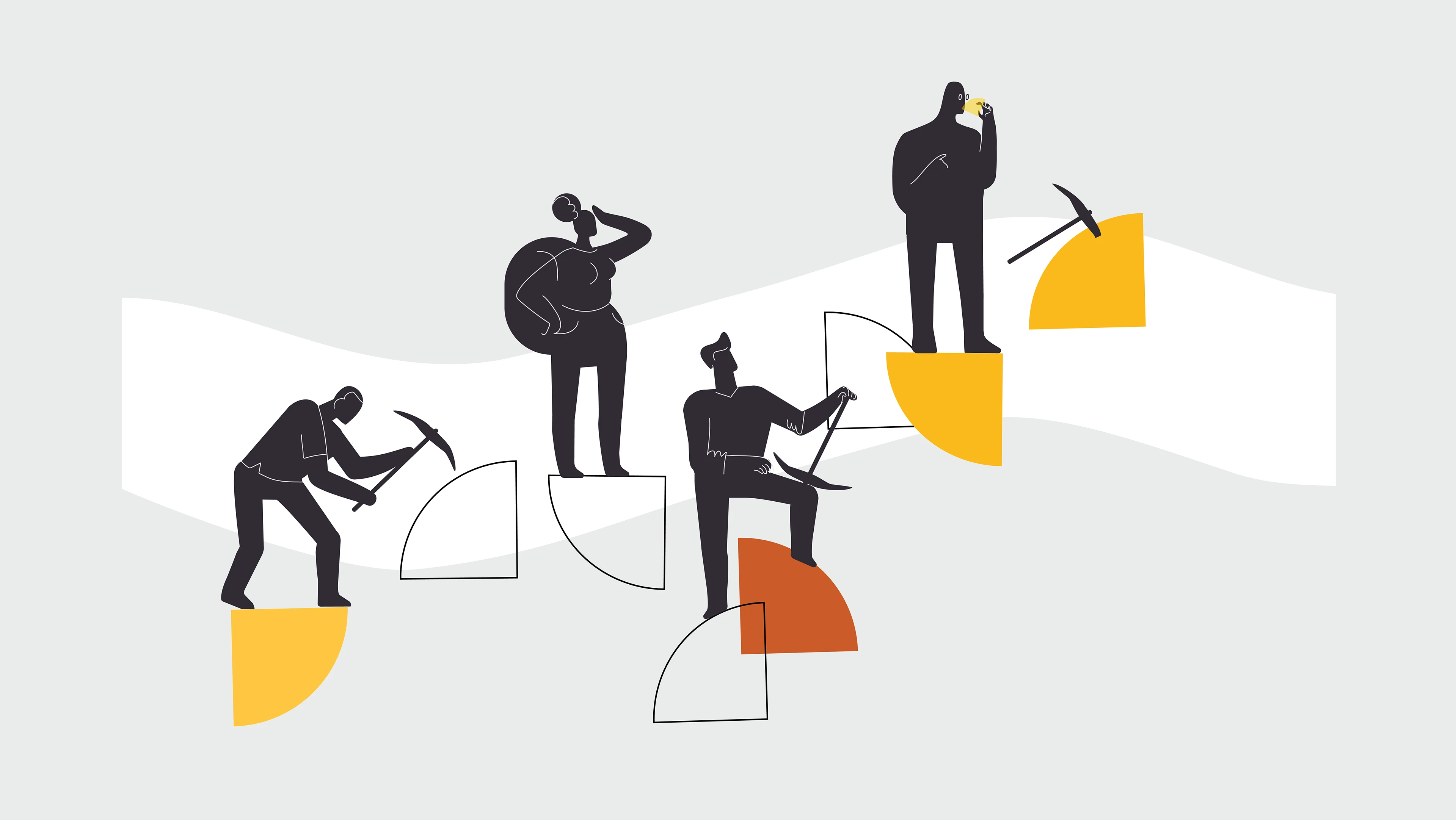 Four dark illustrated characters prospecting with different tools among yellow and orange quarter circles