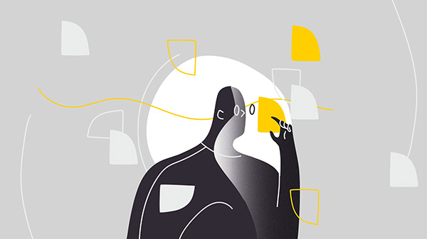 Restrained neutral and yellow colour study of a woman holding a quarter circle lens