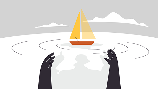 Yellow sailboat floating on circular ripples between two dark illustrated hands