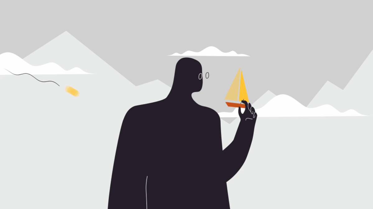 Original sailboat animation moving from a character holding the boat to the boat floating between hands