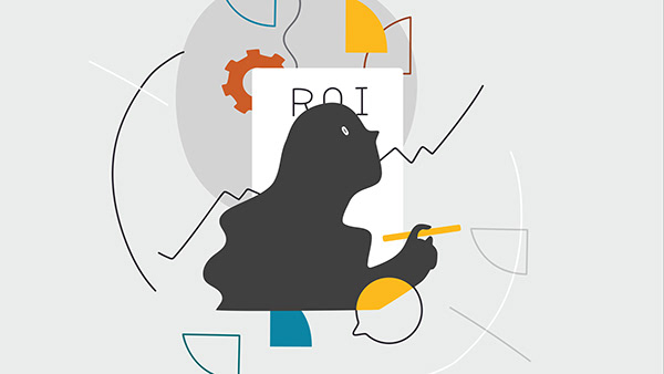 ROI illustration study with a white card orange gear and dark profile figure