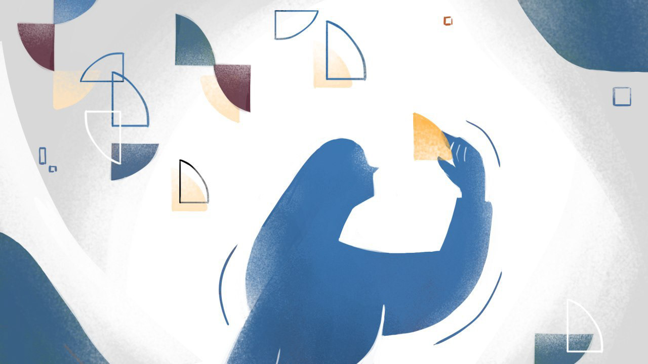 Blue and ochre textured variation of the same character and quarter circle composition