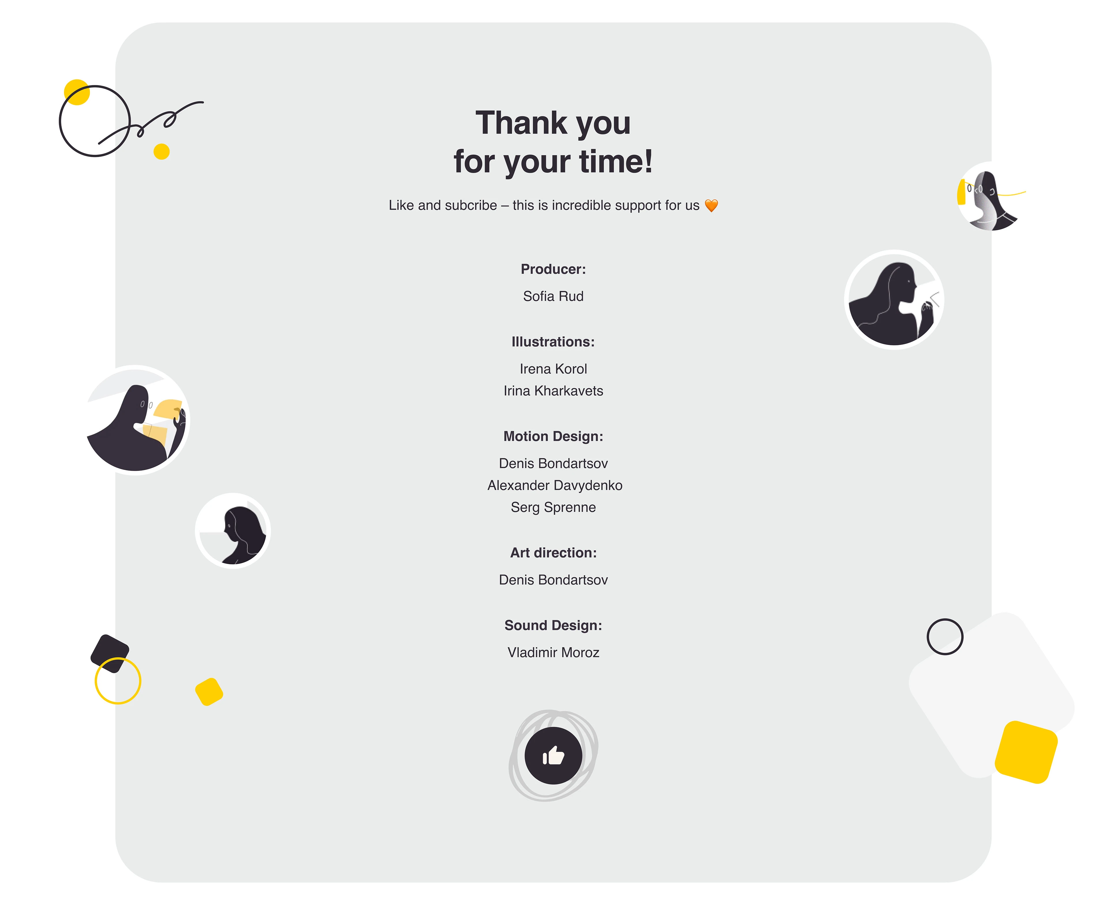 Original OroCommerce project closing board naming its producer illustrators motion designers art director and sound designer