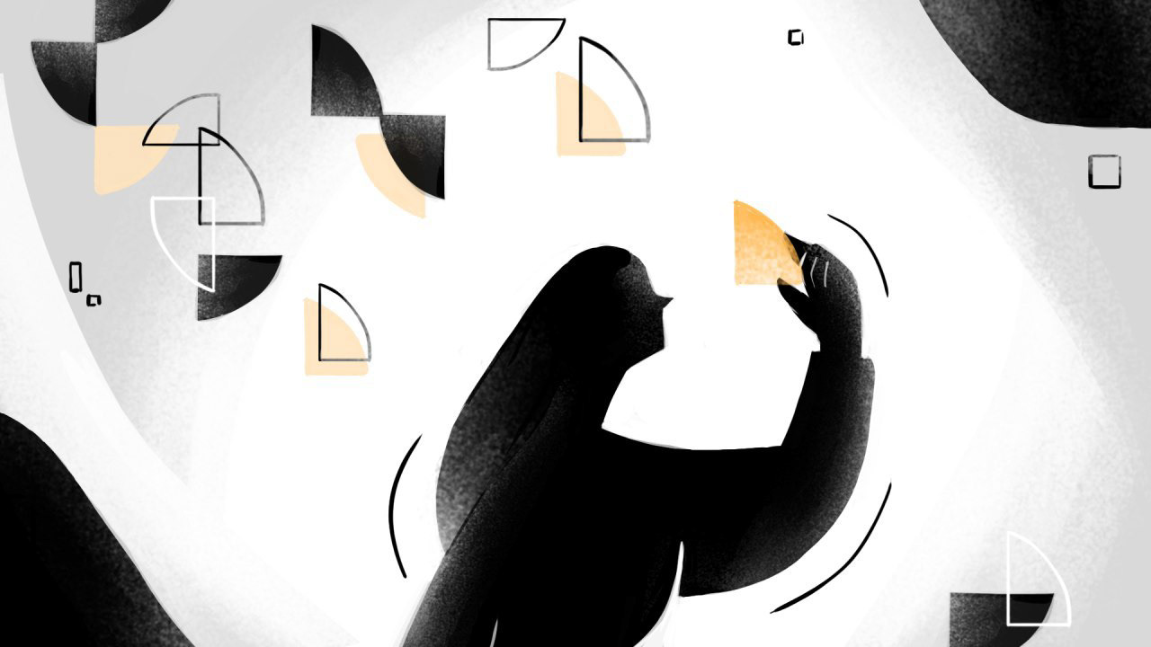 Dark neutral textured character study with a single yellow quarter circle accent