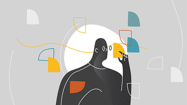 Early colour study with a woman holding a quarter circle lens and teal orange and yellow shapes