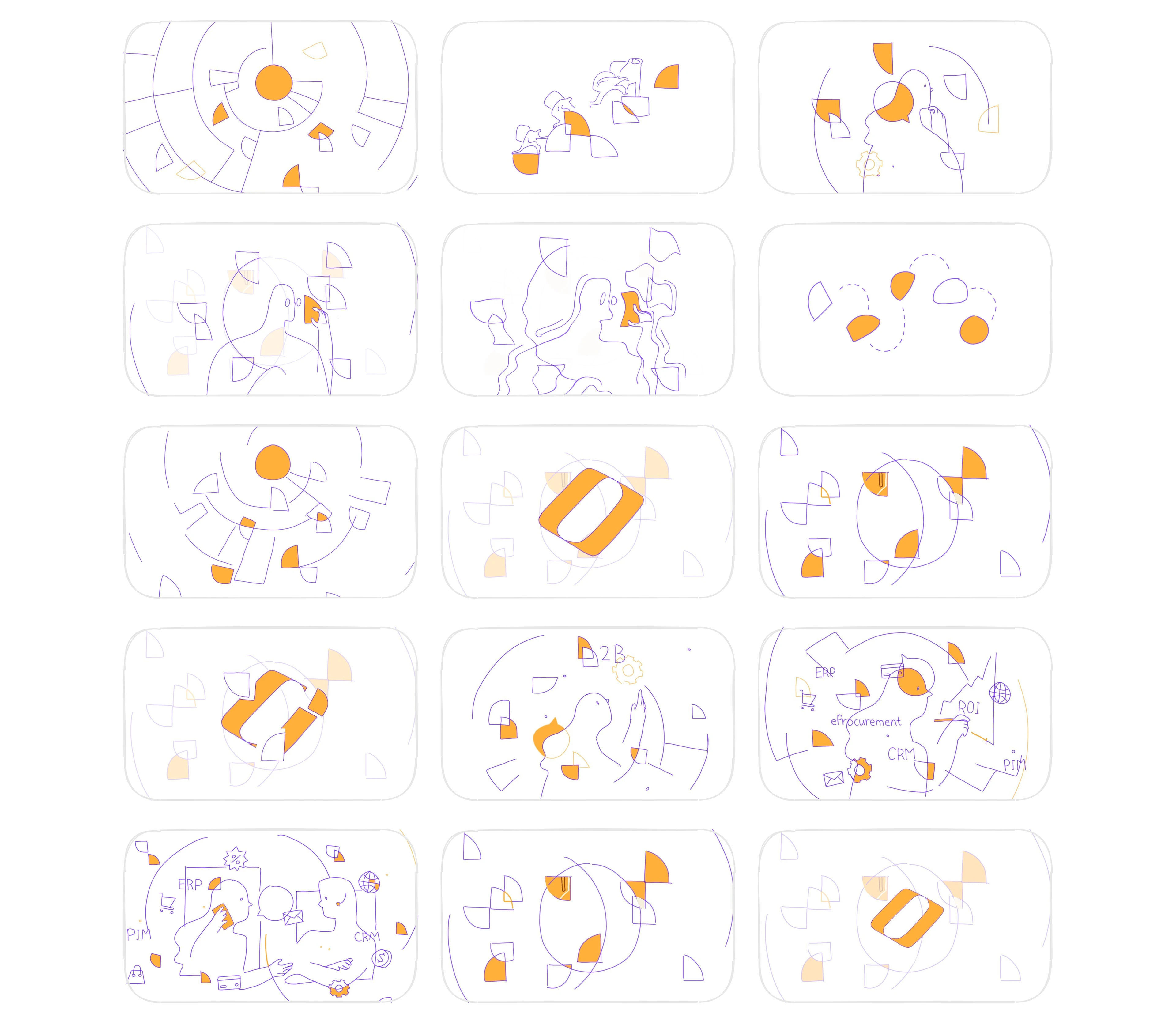 Original fifteen panel OroCommerce storyboard with character scenes conversations system labels and a closing handshake
