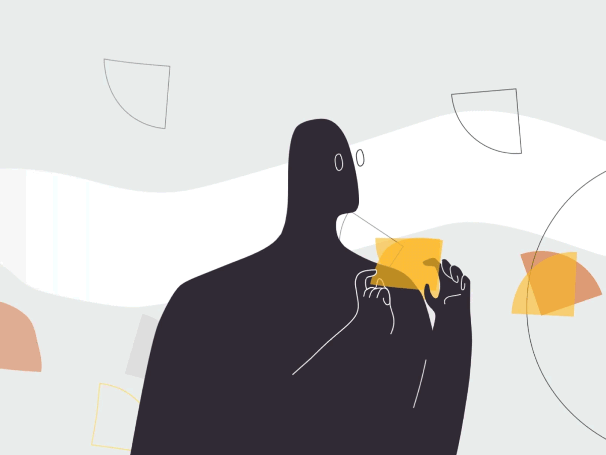 Original animation of an illustrated woman raising a yellow quarter circle to her eye
