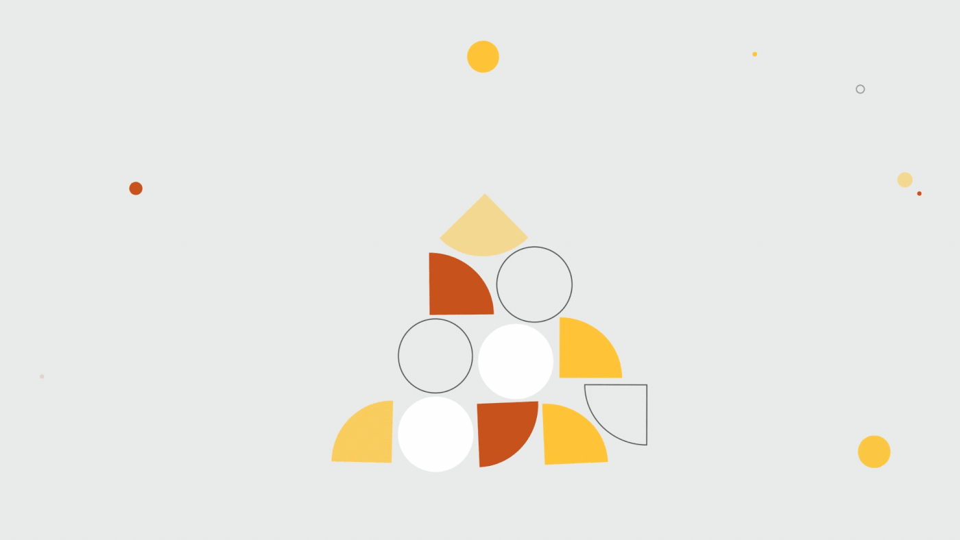 Original 2023 podcast update animation of coloured quarters and circles regrouping beneath a white megaphone