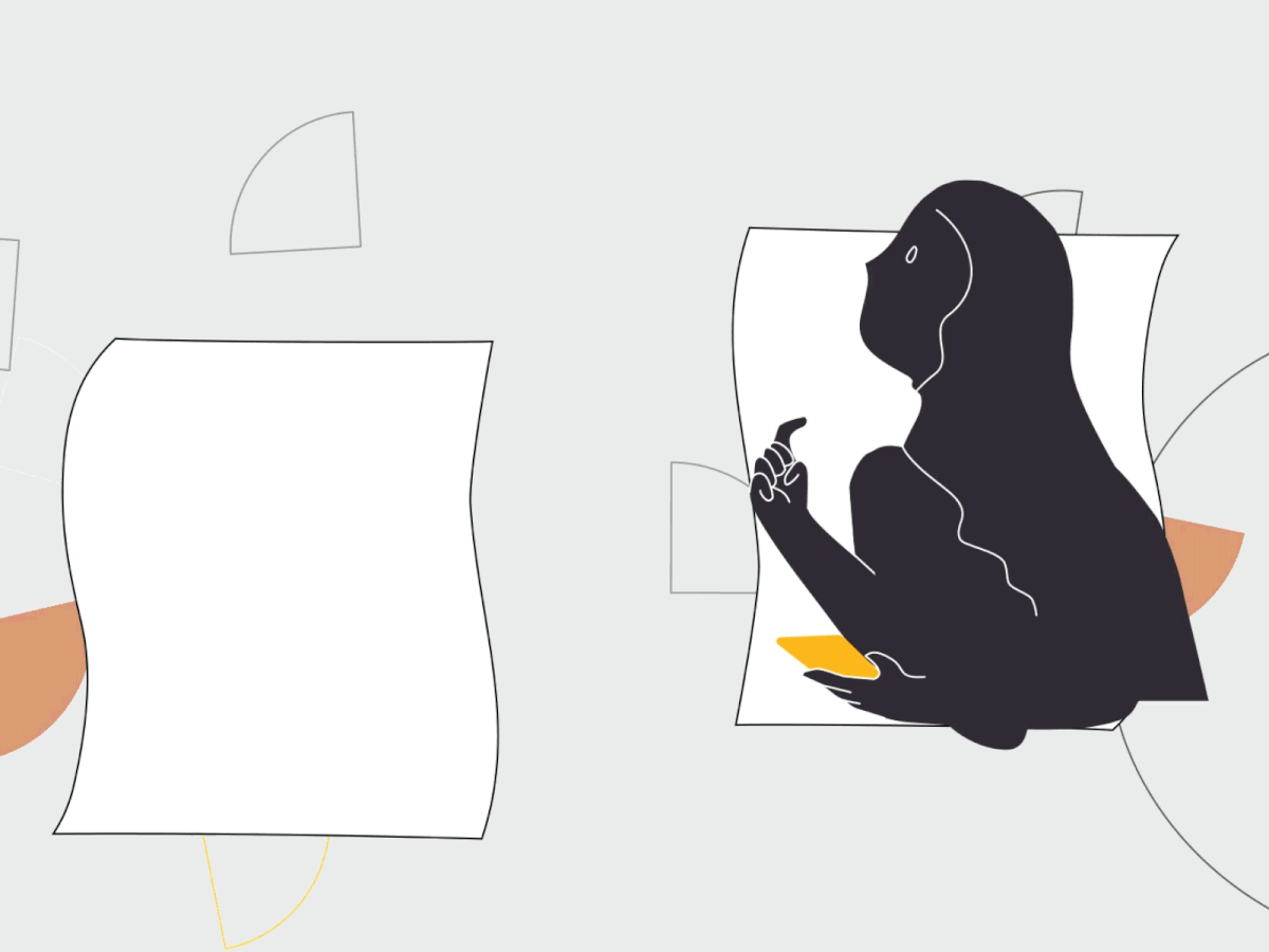 Original animation moving from a single character and curved panels into a conversation between two people
