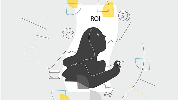 Dark ROI card surrounded by fine outlined financial symbols and an illustrated figure