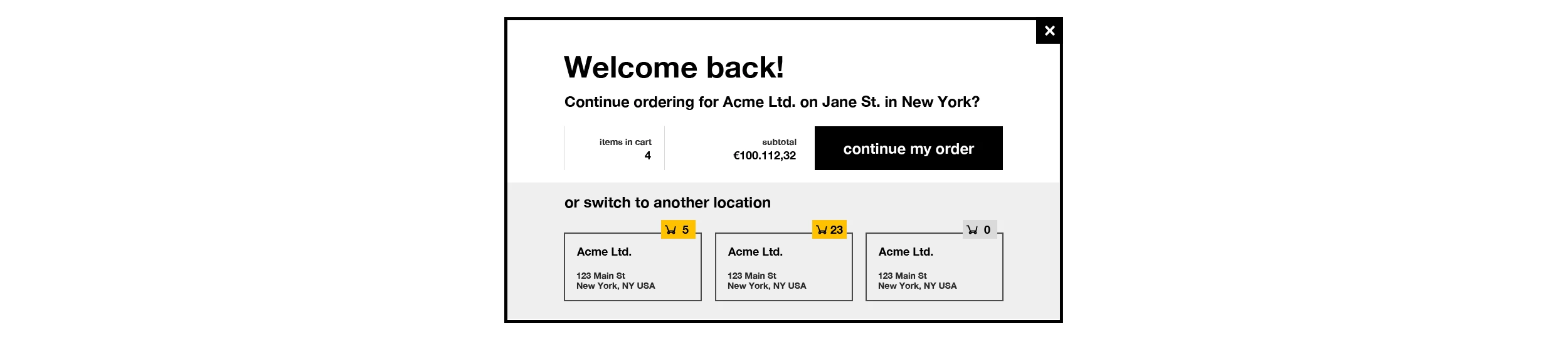 Proposed OneStopShop welcome and delivery-location reminder dialog