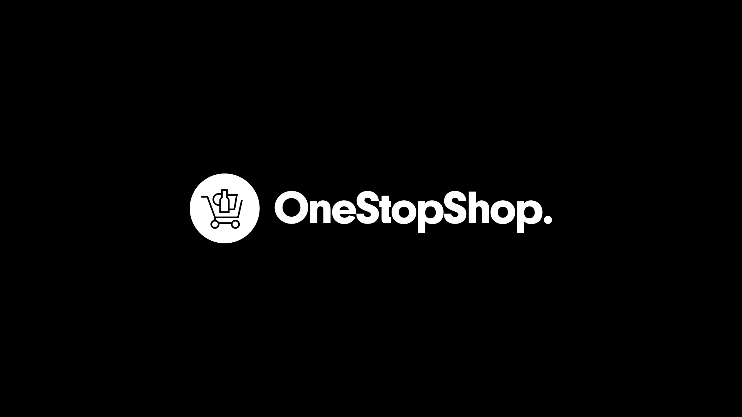 OneStopShop white wordmark with a changing supply-category icon on a black background