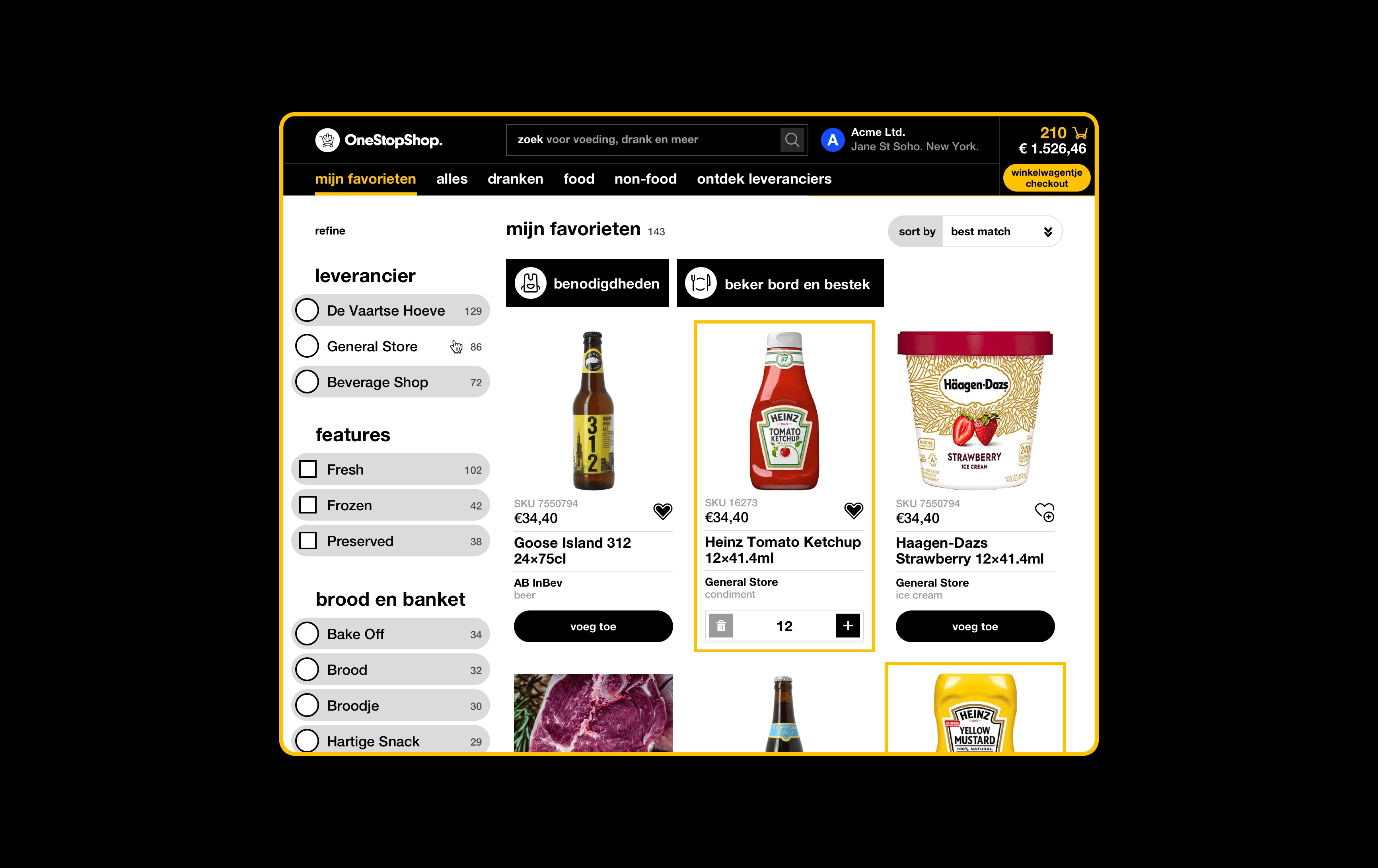 OneStopShop favourites and product grid with product references, quantity controls and yellow selected states