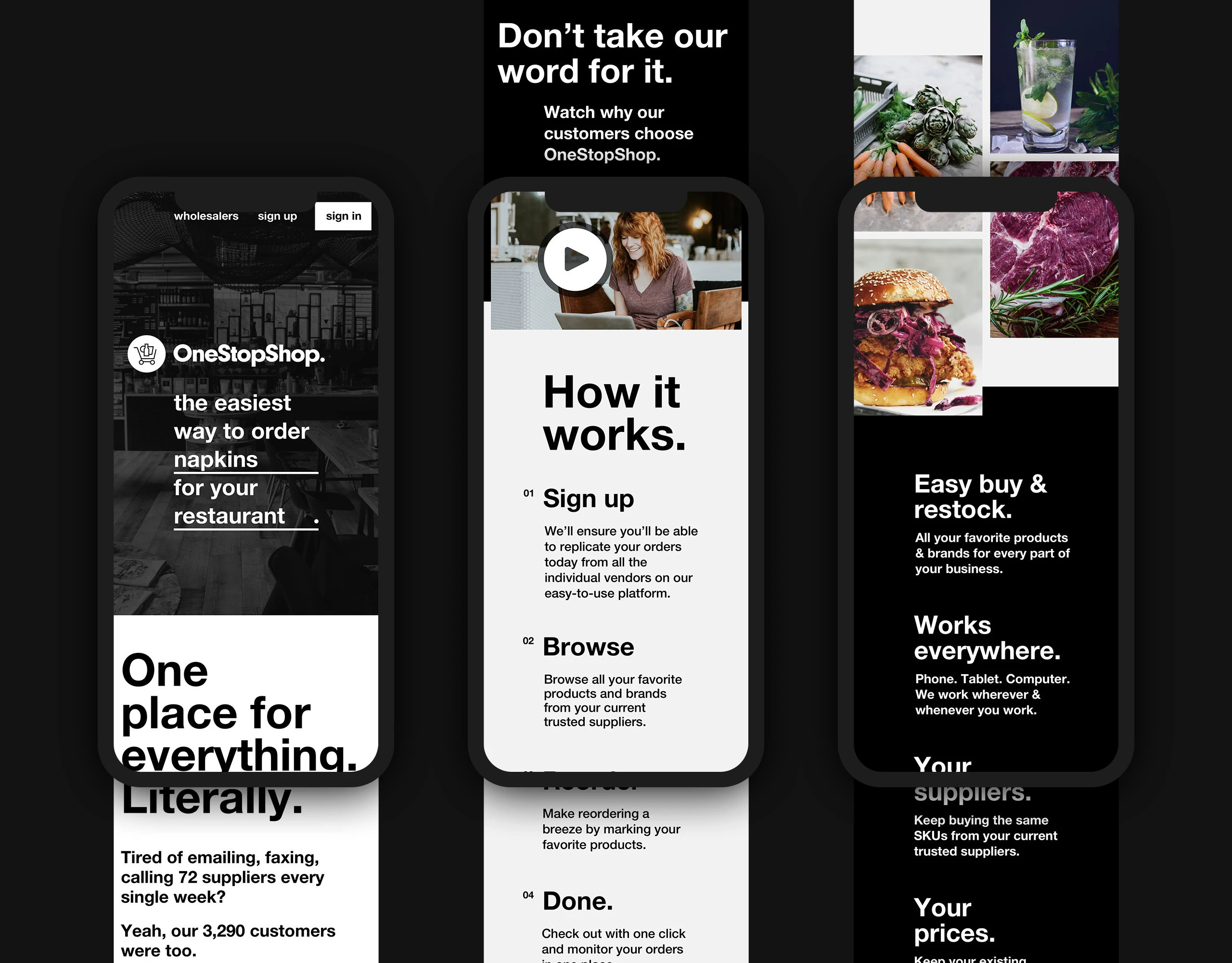 Three OneStopShop mobile marketing page layouts with yellow branding and stacked content