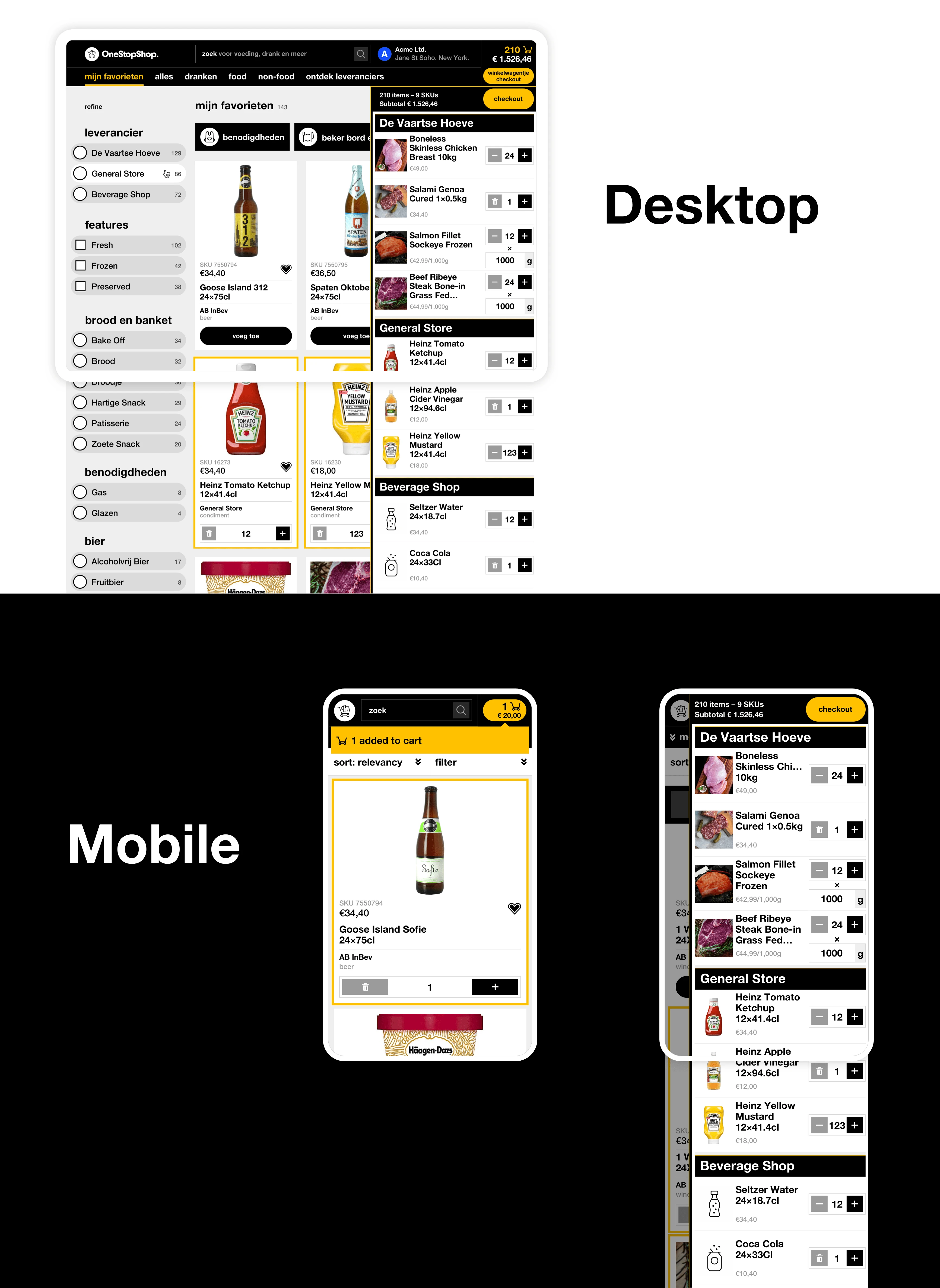 OneStopShop desktop and mobile cart designs grouping selected products by supplier