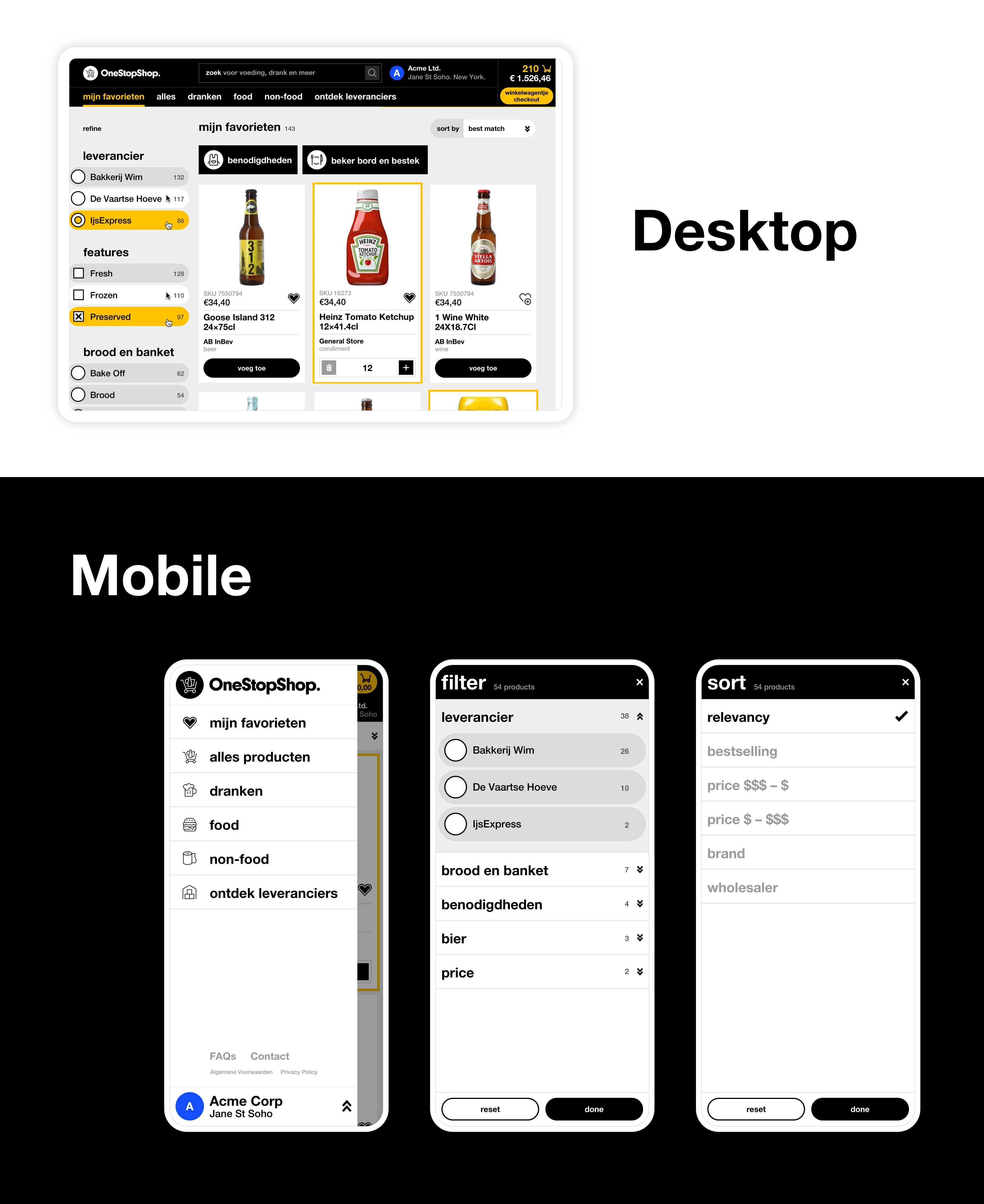 OneStopShop desktop product filters and mobile navigation, filtering and sorting views