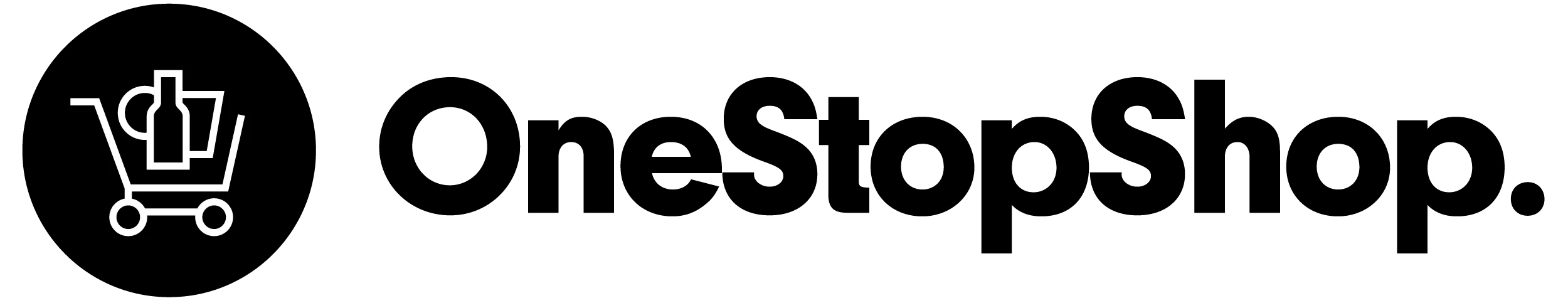 OneStopShop white outline shopping cart icon on an elongated black identity plate