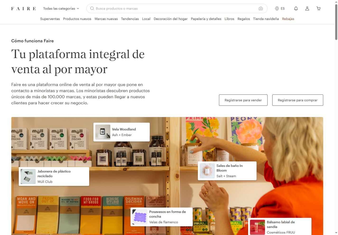 Faire public wholesale explanation in Spanish with separate buyer and seller actions and shop photography