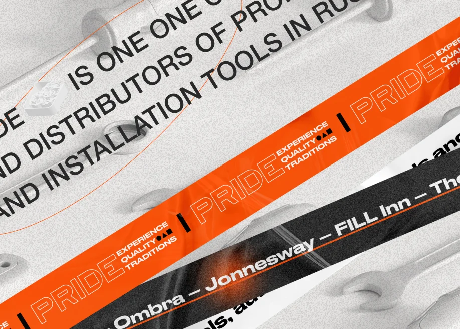 Historical Pride brand composition with diagonal orange bands, outlined lettering and tool photography