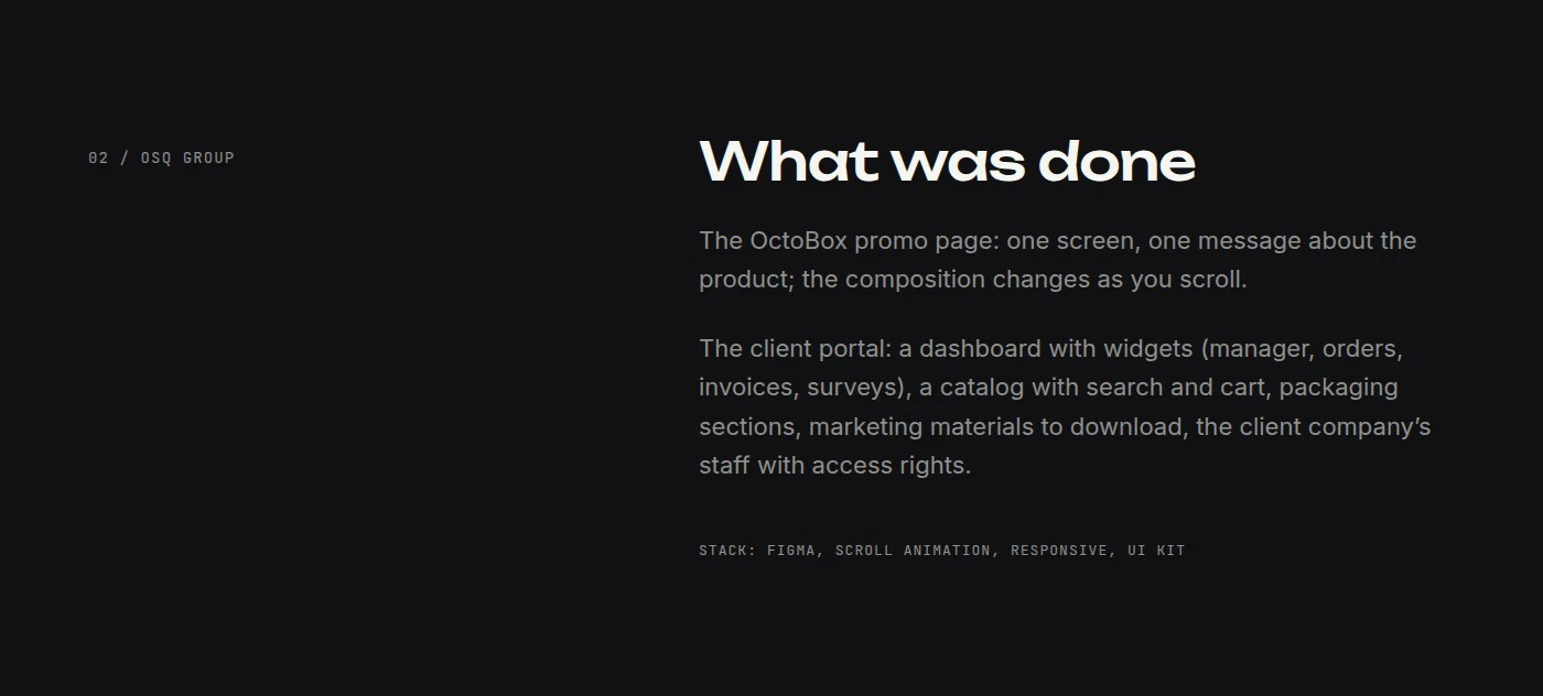 Original OSQ Group project scope board listing customer workspace catalogue and company access design